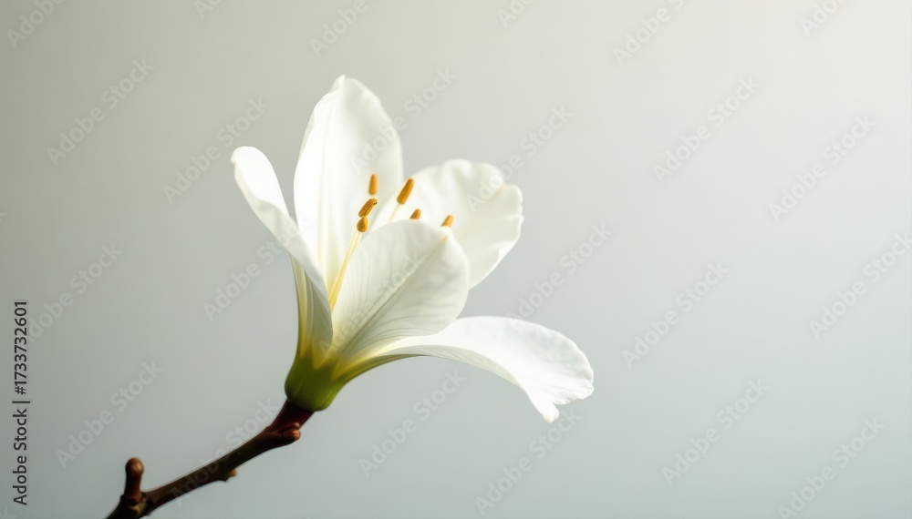 Obraz premium Delicate white blossom, petals unfurled, pure backdrop , soft, single flower, beauty