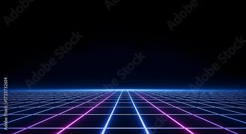 Abstract retro futuristic background with a glowing blue and purple neon laser grid moving into a dark digital space