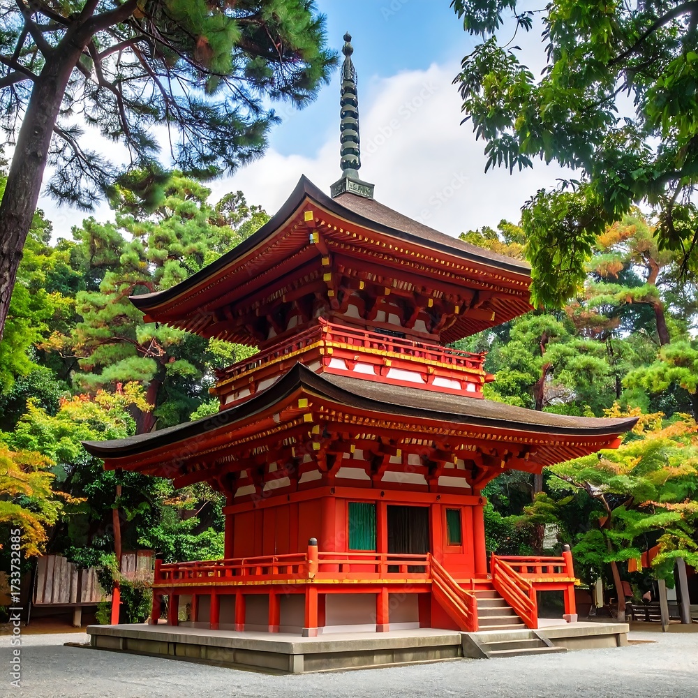 Fototapeta premium Red pagoda in a lush garden setting