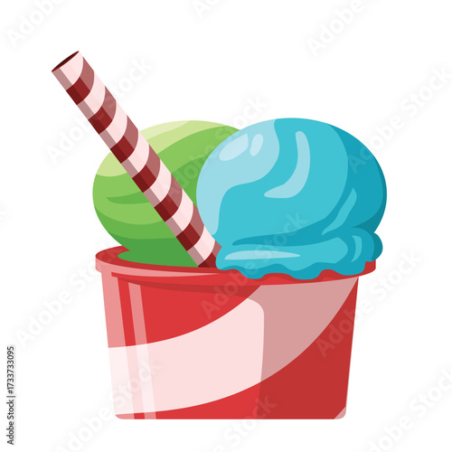 Vector illustration of a colorful ice cream sundae in a red cup with wafer stick, symbolizing refreshing dessert, sweet holiday food, and summer fun treat.