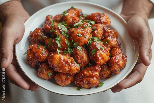 A delicious plate of crispy, golden-brown bites generously coated in a sweet and savory sauce, garnished with fresh green herbs, presented by hands.