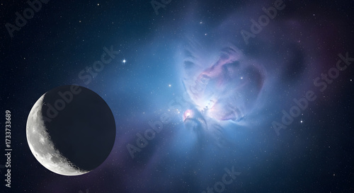 Cosmic vista featuring a serene crescent moon floating before a brilliantly glowing stellar nursery nebula in deep space