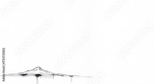 Minimalist black and white mountain peak illustration with ink drips. Artistic sumi-e style landscape on a clean white background