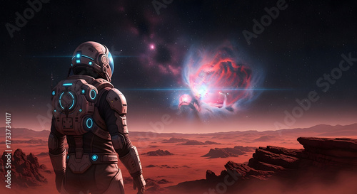 A lone explorer in a futuristic spacesuit stands on a desolate red planet, witnessing a breathtaking cosmic event in the vastness of space