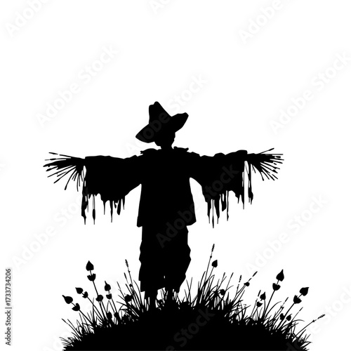 silhouette of a scarecrow standing amidst tall grass against a transparent background
