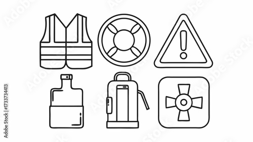 Outline drawing of safety vest life preserver warning sign water bottle and first aid kit icons arranged
