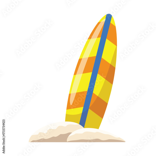 Vector illustration of a yellow surfboard standing on sandy beach, representing summer sport, seaside activity, and adventurous water recreation.