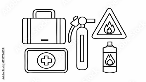 Outline illustration of a first aid kit, fire extinguisher, flame warning sign and flammable liquid bottle