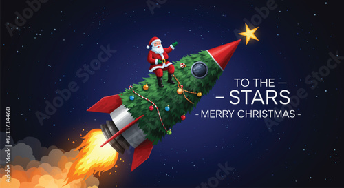 A festive illustration featuring Santa Claus riding a Christmas tree rocket, symbolizing a joyful journey to the stars for a Merry Christmas celebration. Happy Holidays! Vector illustration.