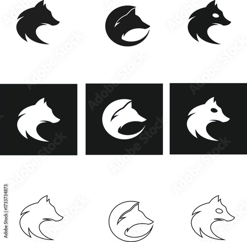 Vector animal head icons of wolf, jackal, fox, and dog in black silhouette and outline styles, ideal for logo design and tribal artwork.
