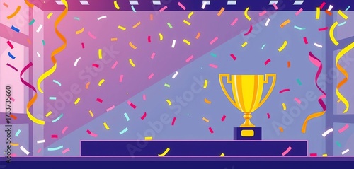 Flat illustration of a celebratory business achievement scene with confetti and a trophy,  success, achievement