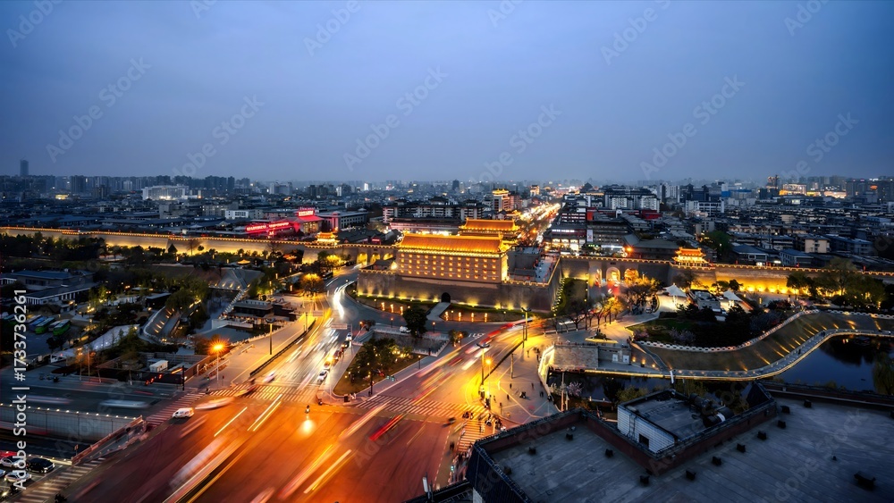 Obraz premium Xi'an Ancient City Wall Illuminated at Dusk with Traffic Trails, China Traditional Architecture