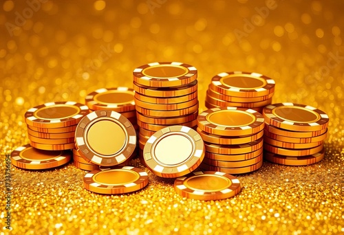 Golden poker chips arranged on a glittering gold background,   heart,  shine