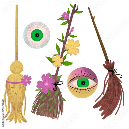 Set with brooms and eyes. Watercolor illustration with colored pencils. For Halloween design and for children's illustrations