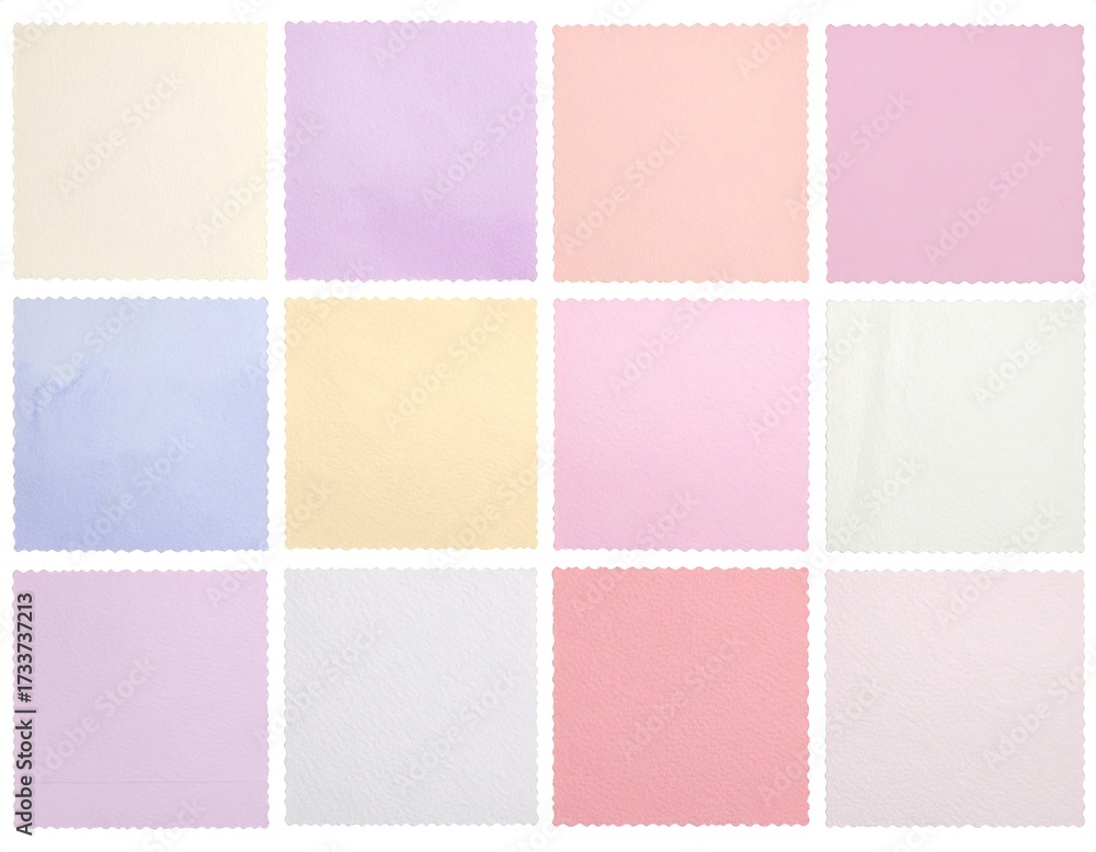Fototapeta premium Twelve soft, colorful fabric swatches arranged in a rectangular grid, cut edges