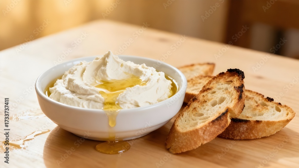 Fototapeta premium Homemade Whipped Ricotta Dip with Crostini and Olive Oil