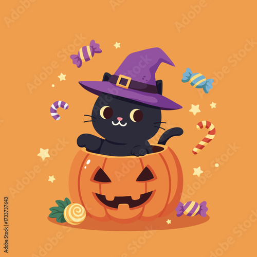 Charming 2D cartoon black kitten popping out of a smiling pumpkin, wearing a tiny witch hat, surrounded by floating candies and stars