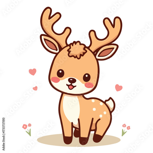 Adorable Cartoon Deer with Playful Expression and Hearts Surrounded by Flowers
