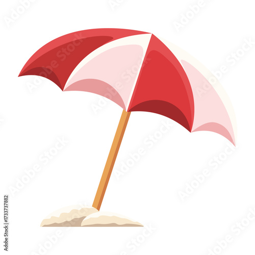 Vector illustration of a red beach umbrella on sandy ground, representing seaside holiday, summer protection, and relaxing outdoor recreation at the beach.