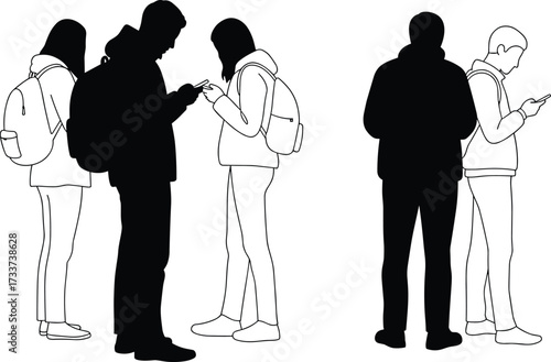 PrintPeople using smartphones, group of students, modern technology addiction, digital lifestyle, mobile phone users, social media culture, urban youth communication, connected society