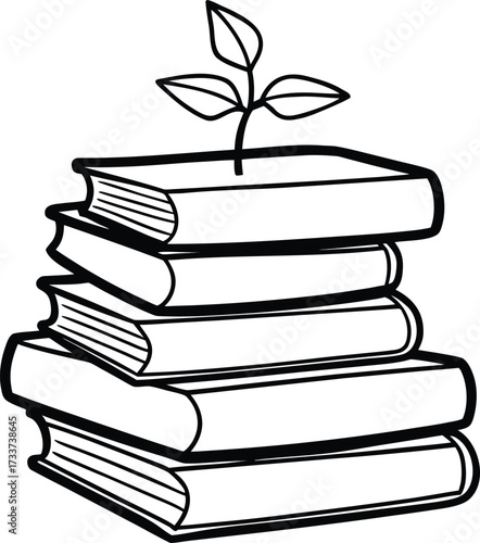 Minimalist continuous line drawing of stacked books with a sprouting plant growth vector illustration EPS file download.
