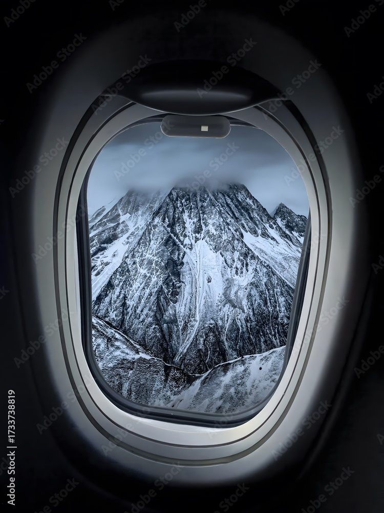 Obraz premium Snow-Covered Alpine Mountain Peaks View Through Commercial Aircraft Window During Flight