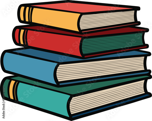 Stack of five colorful hardcover books with black outlines reading knowledge vector illustration EPS file download.
