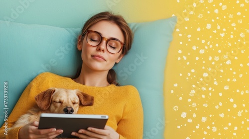 Relaxing digital lifestyle woman and pet concept, Relaxing woman with dog reading on tablet in cozy environment with colorful background