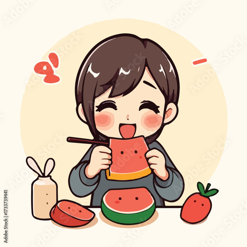 Cute kawaii chibi girl happily eating a refreshing slice of watermelon with chopsticks, a delightful summer snack vector illustration