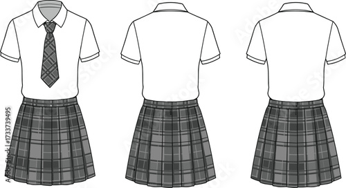 PrintSchool uniform front view, back view, side view, white shirt, plaid pleated skirt, plaid tie, student outfit, fashion design catalog