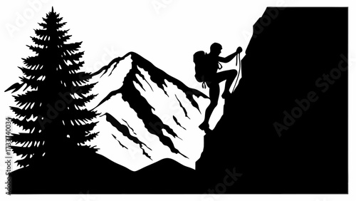 Silhouette illustration of a climber scaling a mountain with a pine tree and another mountain in the background