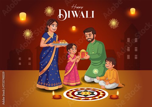 Diwali Festival Celebration – Family with Rangoli, Diyas, and Lanterns Vector Art