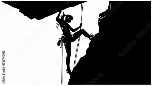 Silhouette of a woman rock climbing with ropes on a cliff face against a white background in vector format