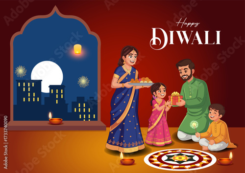 Vector Illustration of Diwali Night with Indian Family, Diyas, Rangoli, and Festive Lights