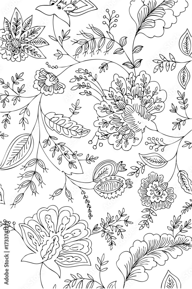 Fototapeta premium Chintz Floral Background on a white transparent background- Hand-drawn Art