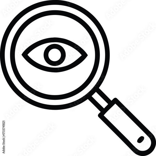 Black outline magnifying glass over an eye symbol search look vector illustration EPS file download.
