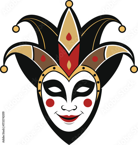 Stylized jester mask with black gold red and brown colors venetian masquerade vector illustration EPS file download.
