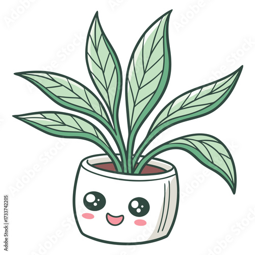 The plant has several long, light-green leaves with dark vein patterns. It is planted in a white pot that is given a face, featuring large, sparkly eyes, rosy cheeks, and a wide, happy smile.