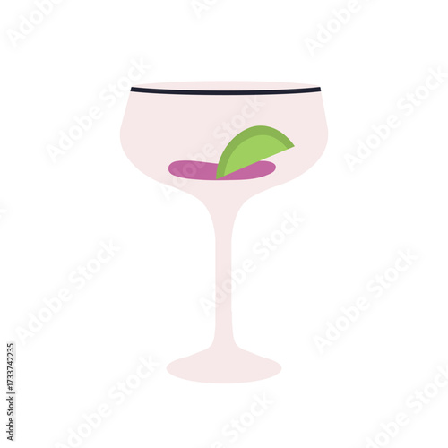 Drink garnish in glass. Alcohol cocktail, bar beverage with lime wedge, fruit syrup. Festive party vessel with stem, stemware, glassware. Flat vector illustration isolated on white background