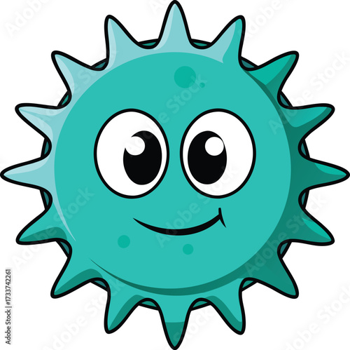 Cute cartoonish teal microbe with happy face and spiky protrusions green vector illustration EPS file download.
