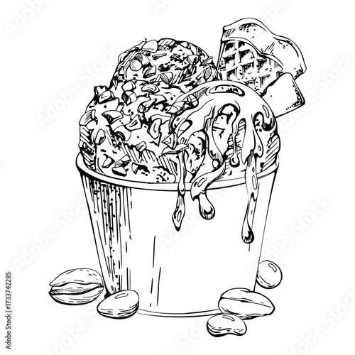 Gelato ice cream scoop in plastic cup, chocolate chips, crushed nuts toppings, melting syrup, waffle candy dragee pistachio nuts. graphic illustration hand drawn in vector ink. Sweet shop menu design