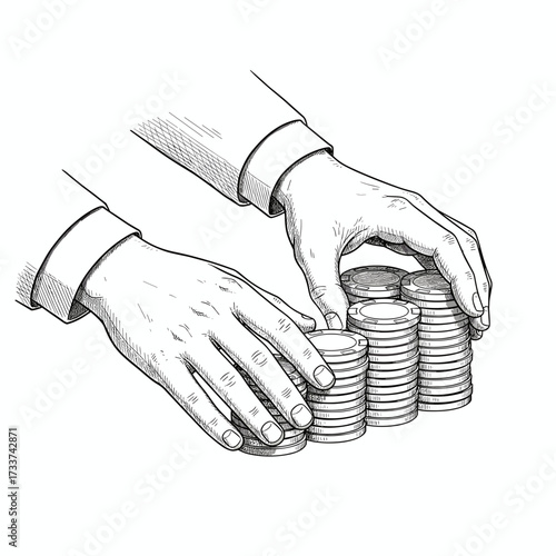 Stacks of casino chips in the hands of a croupier, sketch vintage hand-drawn style, vector illustration

