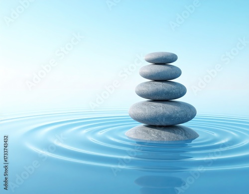 Stacked stones in water, creating ripples, set against a gradient blue background