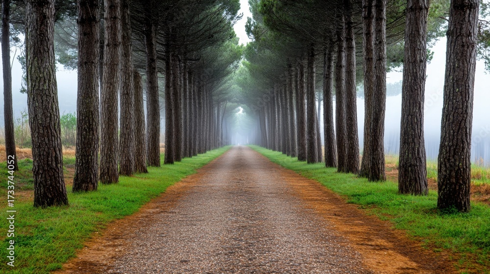 Fototapeta premium Scenic forest path surrounded by misty pine trees in soft morning light, perfect for nature lovers
