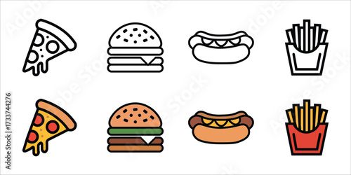 Flat design icons set of fast food items burger pizza fries hotdog vector