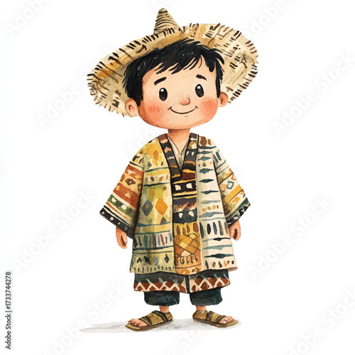 Cute boy wearing traditional ethnic clothing and a straw hat.