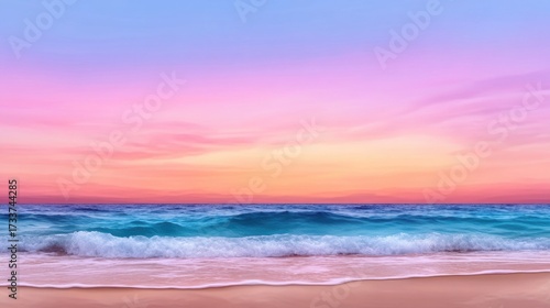 Serene beach landscape with calm ocean waves and pastel sunset sky, perfect for relaxation and meditation