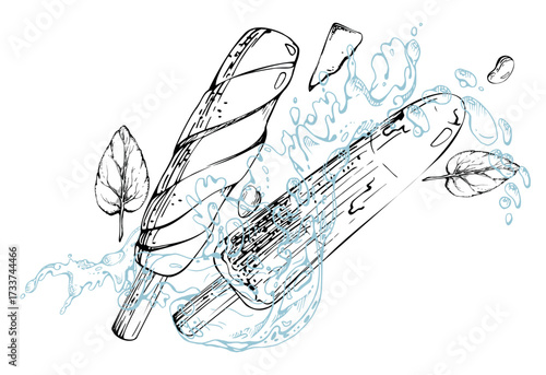 Melting popsicle sticks with glossy coating, mint leaves, splash and water droplets, waves. Vector graphic illustration hand drawn in pen ink, line sketch. Ice cream flavor board, kids treat label