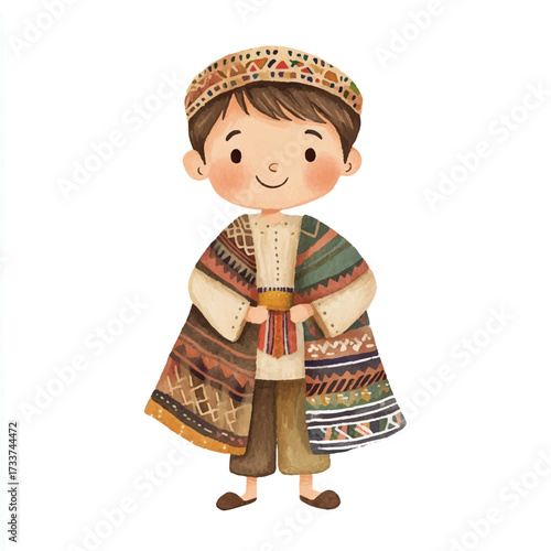 Cute Boy Wearing Traditional Ethnic Clothing and Headwear.