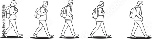 PrintWalking sequence illustration, human motion study, backpack traveler silhouette, step by step movement, biomechanics concept, animation reference, black white drawing, progression